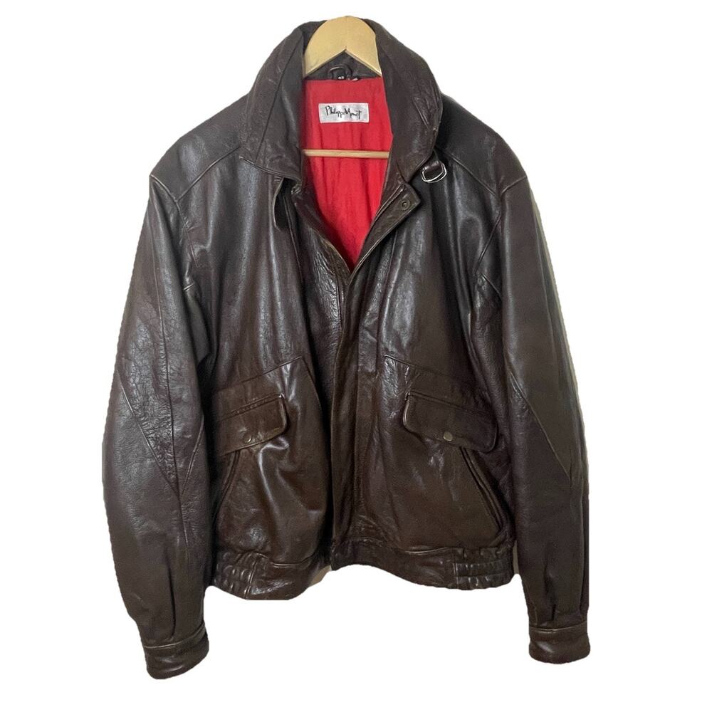VTG 80s Philippe Monet Brown Leather Bomber Aviator Leather Jacket Moto Size 42
